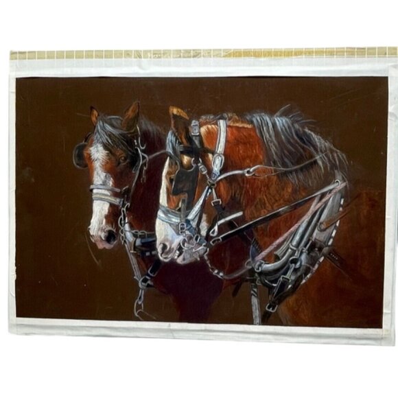 Vtg Equestrian Artwork Featuring 2 Harnessed Horses Handcrafted Chalk Pastel REA - Picture 1 of 7
